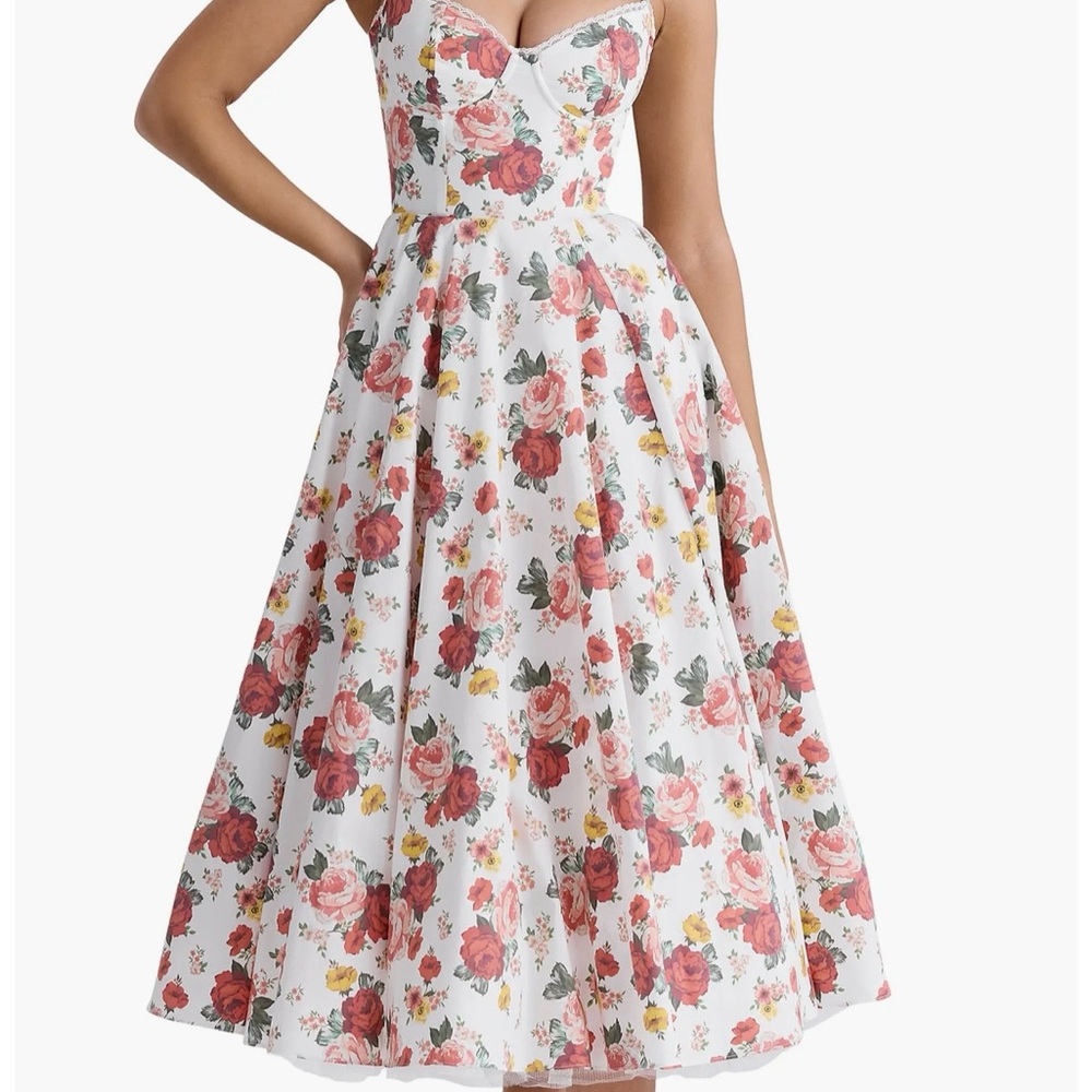HOUSE OF CB Mademoiselle Bustier Stretch Satin Midi Dress, Rose Floral Medium